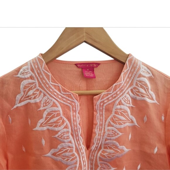 Sunny Leigh Linen Boho Embroidered Tunic Top Peach Sz M Kurta Style Resortwear - Picture 3 of 16